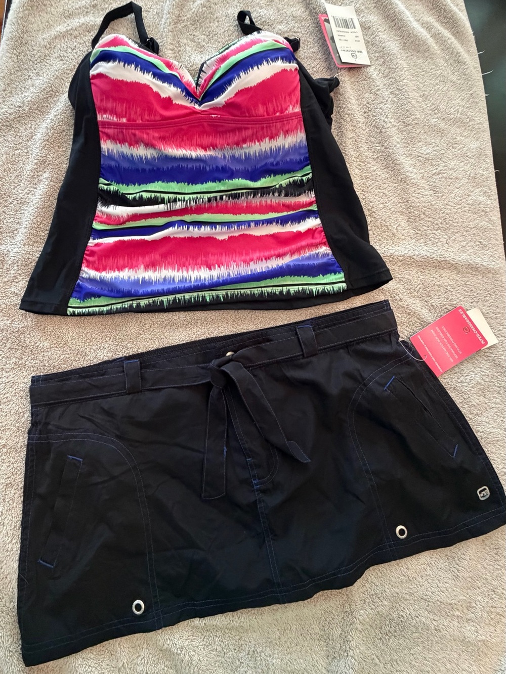 Free Country Women's Multicolor Stripe Tankini Top and Black Swim Skirt